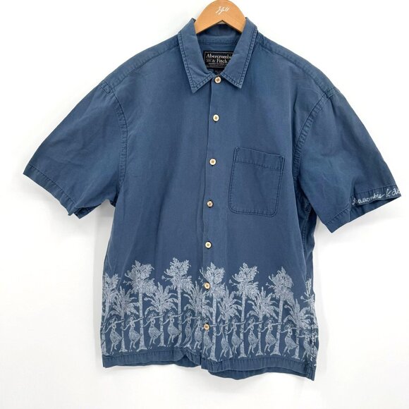 Abercrombie Fitch Hawaiian Camp Shirt Mens Size L Spell Out Button Up Hula Girl - Picture 1 of 7